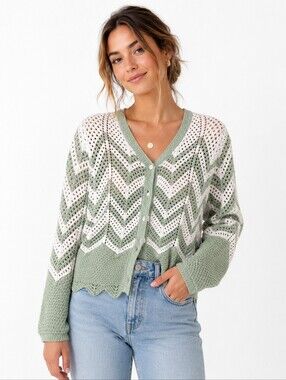 Guilty Sage Green & Cream Chevron Open Knit Cardigan Sweater Size P/S